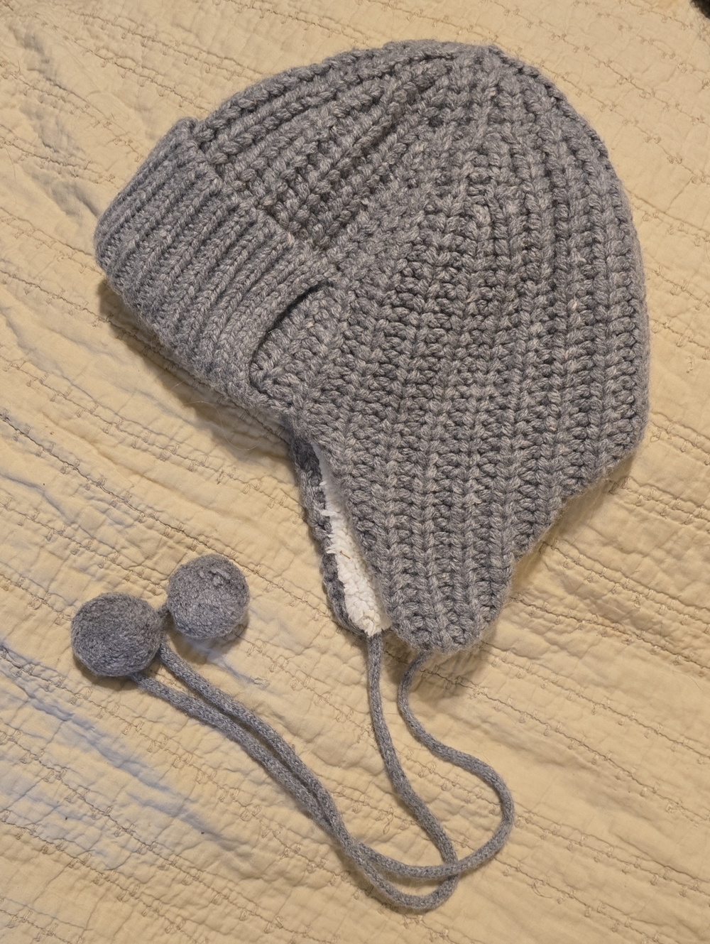J. Crew Light Gray Knit Earflap Hat with Pom Poms